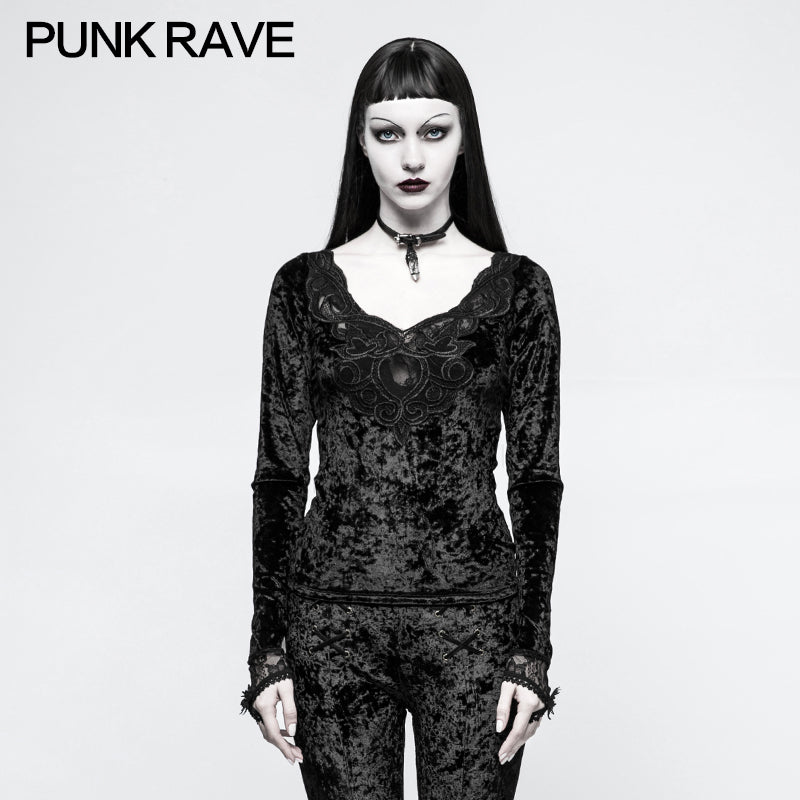 T-477 Daily Embroidery Diamond Velvet Gothic T-shirts With Positioning Necktie?-??Punk Rave Clothing