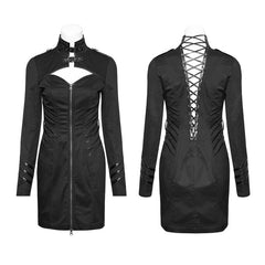 Q-331 Women Stand-collar Military black Punk Dress With Back Tied Rope?-??Punk Rave Clothing