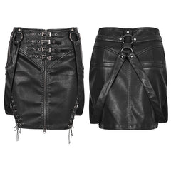 Q-333 Personality Leather black Half Punk Skirt With Snap Button?-??Punk Rave Clothing