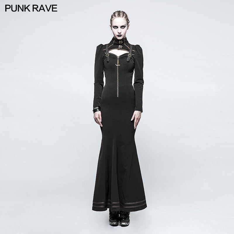Q-330 Gorgeous Woven Slim black Punk Dress With Eyelet Drawstring?-??Punk Rave Clothing