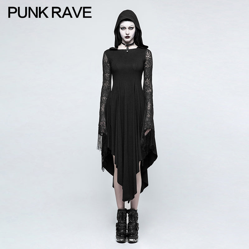 Q-328 Asymmetry Knit black Gothic Dresses With Hollow-out Back Spider Net?-??Punk Rave Clothing