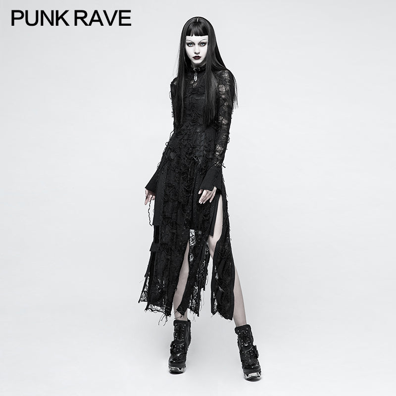 OPQ-200 Vintage Rose Lace Mesh black Long Gothic Dresses With Multi-split Design?-??Punk Rave Clothing