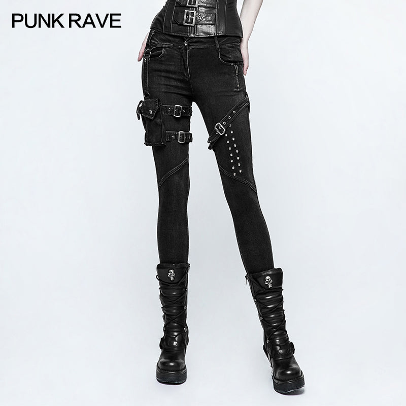 K-295 Eyelets Skinny Elastic Punk Jeans With 3d Pocket?-??Punk Rave Clothing