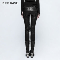 K-297 black Grid Stitching Leather Punk Pants With Leg Zipper Design?-??Punk Rave Clothing