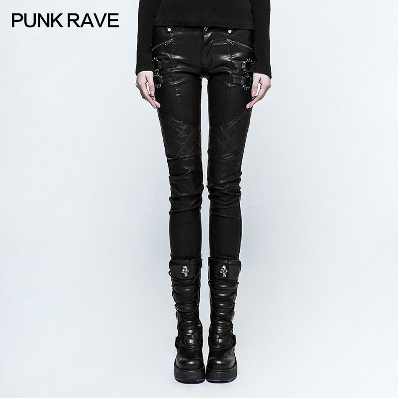 K-297 black Grid Stitching Leather Punk Pants With Leg Zipper Design?-??Punk Rave Clothing