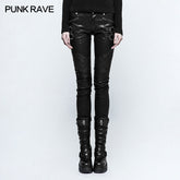 K-297 black Grid Stitching Leather Punk Pants With Leg Zipper Design?-??Punk Rave Clothing
