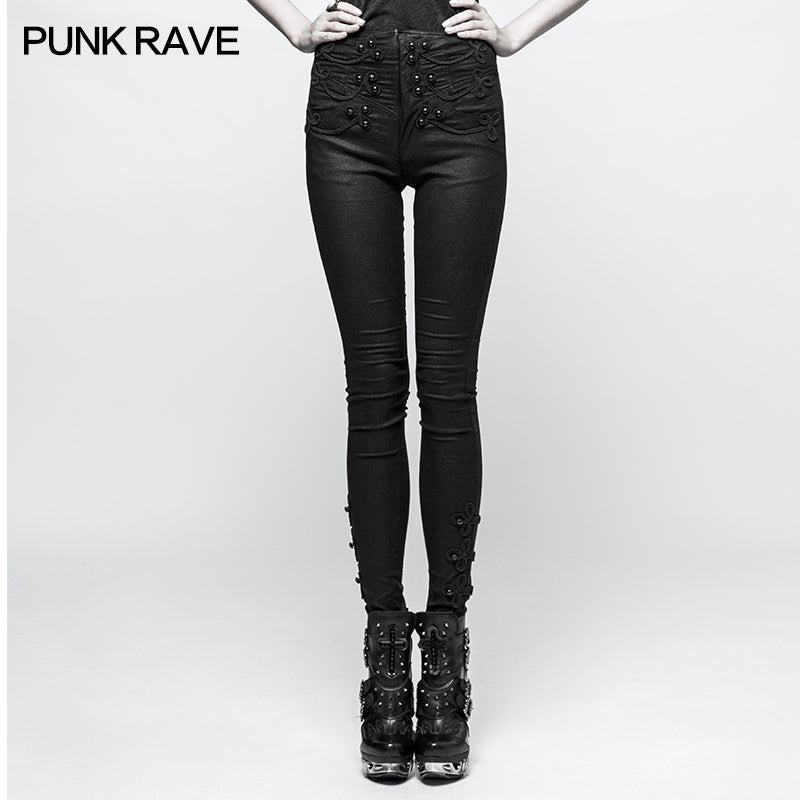 K-290 Skinny Jacquard Woven Elastic Gothic Pants With Disc Flowers Buttons?-??Punk Rave Clothing