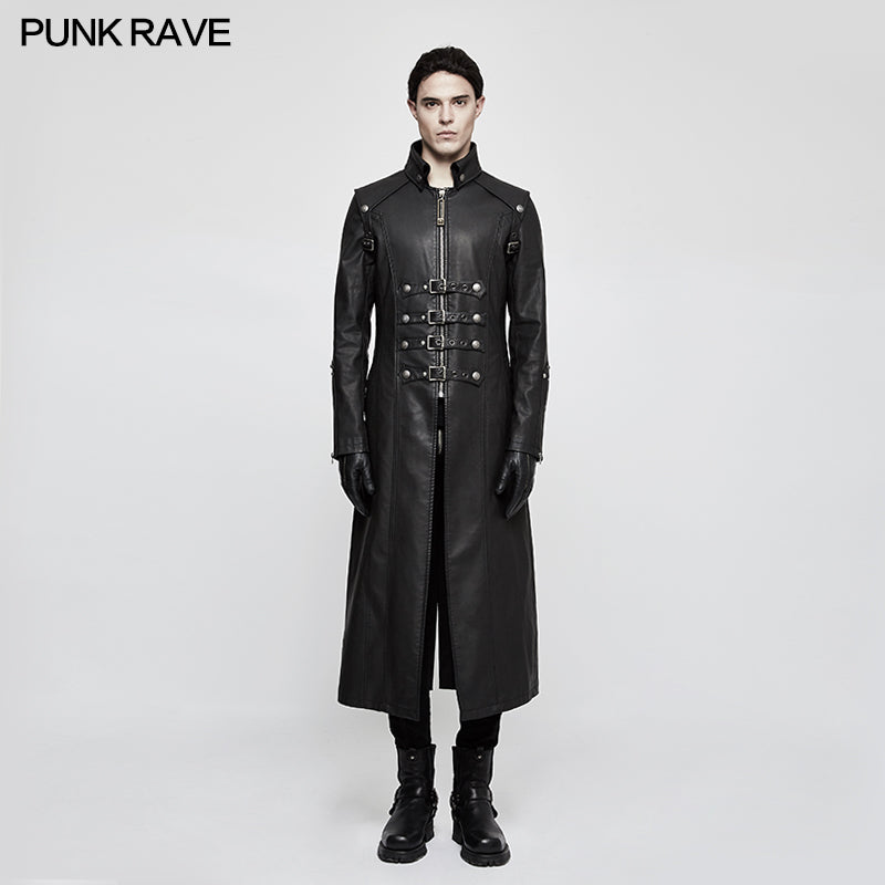 Y-809 Winter Men Long Leather Punk Coat With Stand-up Collar?-??Punk Rave Clothing
