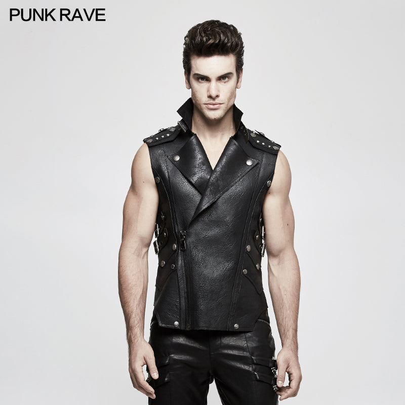Y-812 Personality Punk Coat Heavy Leather Sleeveless Waistcoat For Men?-??Punk Rave Clothing