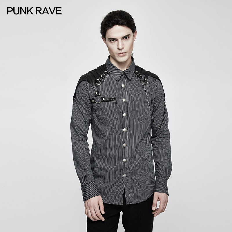 Y-819 Handsome Striped Punk Shirt With Free Hanging Metal Chain?-??Punk Rave Clothing