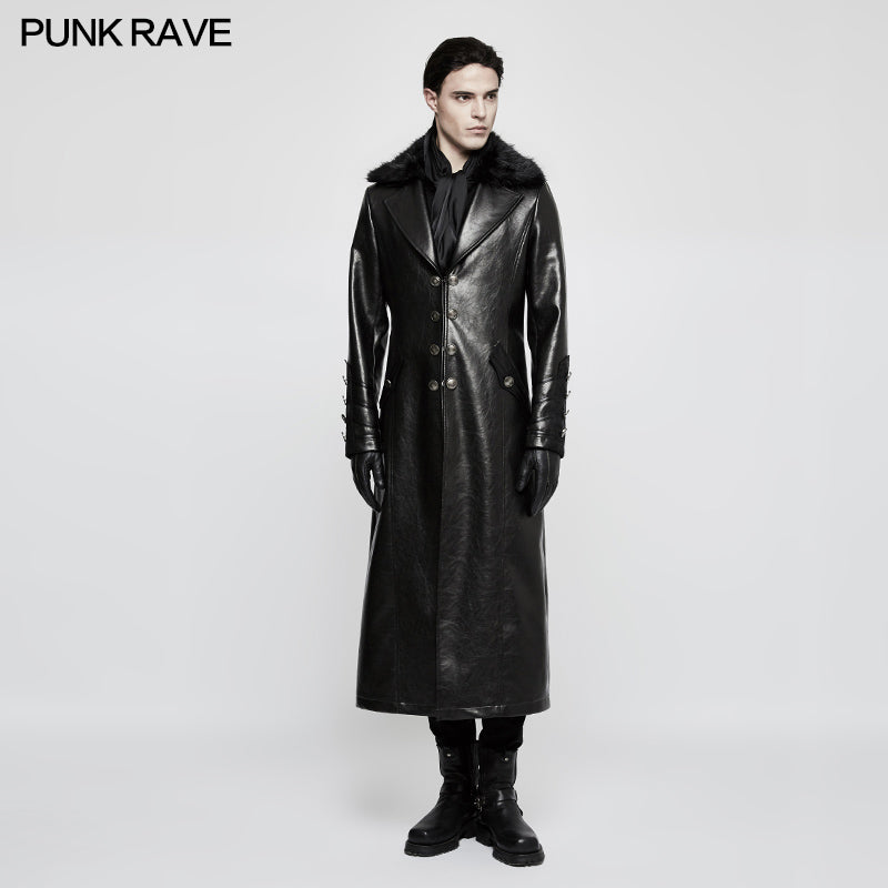 Y-818 Military Uniform Long Leather Punk Coat With Warm Collar?-??Punk Rave Clothing
