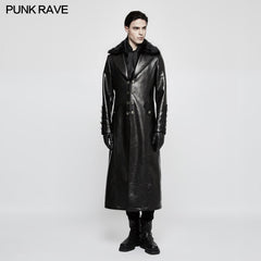 Y-818 Military Uniform Long Leather Punk Coat With Warm Collar?-??Punk Rave Clothing