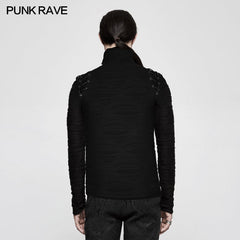 T-485 Stereo Stripe Elastic Knitted Gothic T-shirts With High Neck Collar?-??Punk Rave Clothing