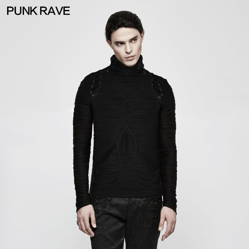 T-485 Stereo Stripe Elastic Knitted Gothic T-shirts With High Neck Collar?-??Punk Rave Clothing