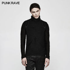 T-485 Stereo Stripe Elastic Knitted Gothic T-shirts With High Neck Collar?-??Punk Rave Clothing