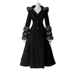 LY-036 Winter Woolen Long black Gothic Coat For Women Two Wear Imitation Fur Coat?-??Punk Rave Clothing