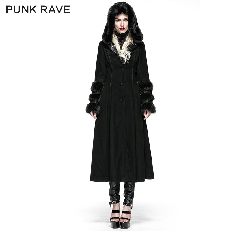 LY-036 Winter Woolen Long black Gothic Coat For Women Two Wear Imitation Fur Coat?-??Punk Rave Clothing
