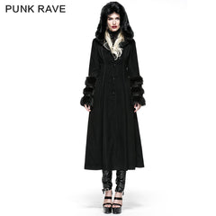 LY-036 Winter Woolen Long black Gothic Coat For Women Two Wear Imitation Fur Coat?-??Punk Rave Clothing