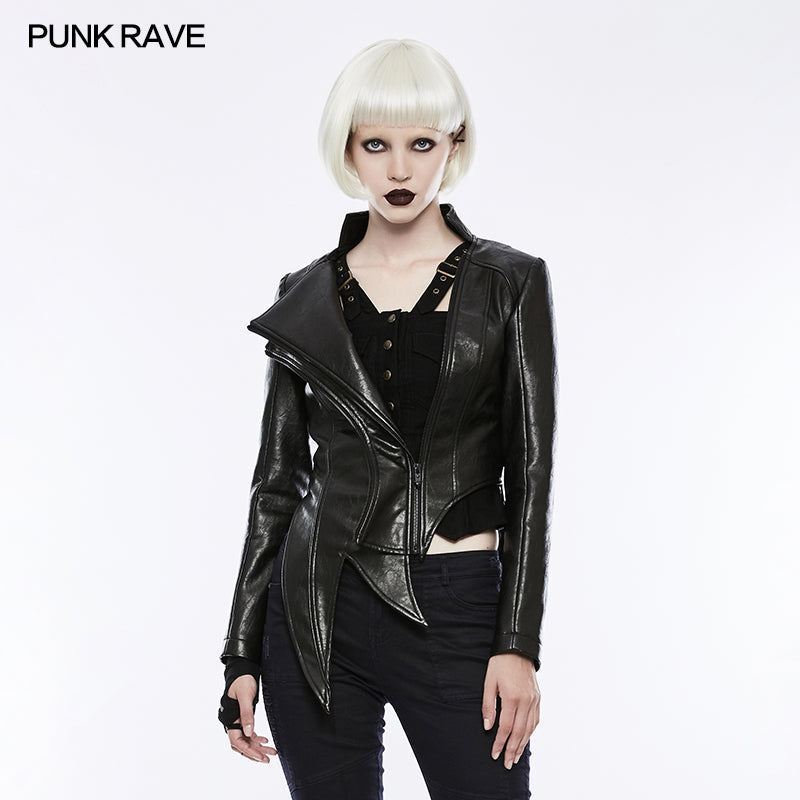 OPY-253 Irregular Shaped Bright Leather Punk Jacket With Stand Collar?-??Punk Rave Clothing