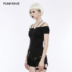 OPT-145 Sexy Off The Shoulder Slim Gothic T-shirt Tie Rope Necklace Top?-??Punk Rave Clothing