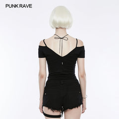 OPT-145 Sexy Off The Shoulder Slim Gothic T-shirt Tie Rope Necklace Top?-??Punk Rave Clothing