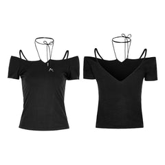 OPT-145 Sexy Off The Shoulder Slim Gothic T-shirt Tie Rope Necklace Top?-??Punk Rave Clothing