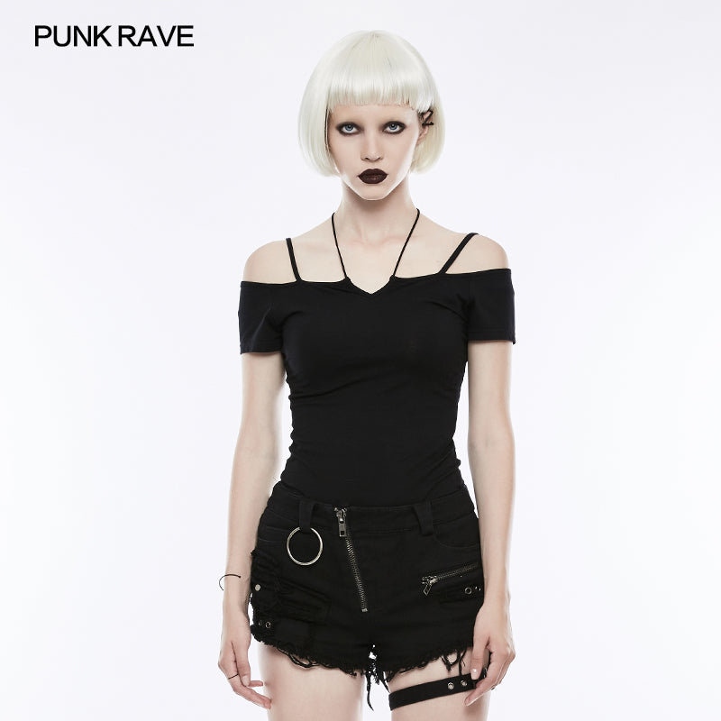 OPT-145 Sexy Off The Shoulder Slim Gothic T-shirt Tie Rope Necklace Top?-??Punk Rave Clothing