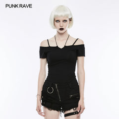 OPT-145 Sexy Off The Shoulder Slim Gothic T-shirt Tie Rope Necklace Top?-??Punk Rave Clothing