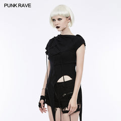 OPT-153 Fashion Slant Hat Mosaic Punk T-shirt Irregular Top?-??Punk Rave Clothing