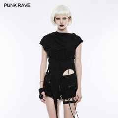 OPT-153 Fashion Slant Hat Mosaic Punk T-shirt Irregular Top?-??Punk Rave Clothing