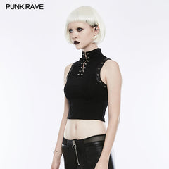 WT-507 Semi High Neck Tops Sleeveless Punk Vest Back With Zipper?-??Punk Rave Clothing