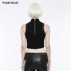 WT-507 Semi High Neck Tops Sleeveless Punk Vest Back With Zipper?-??Punk Rave Clothing