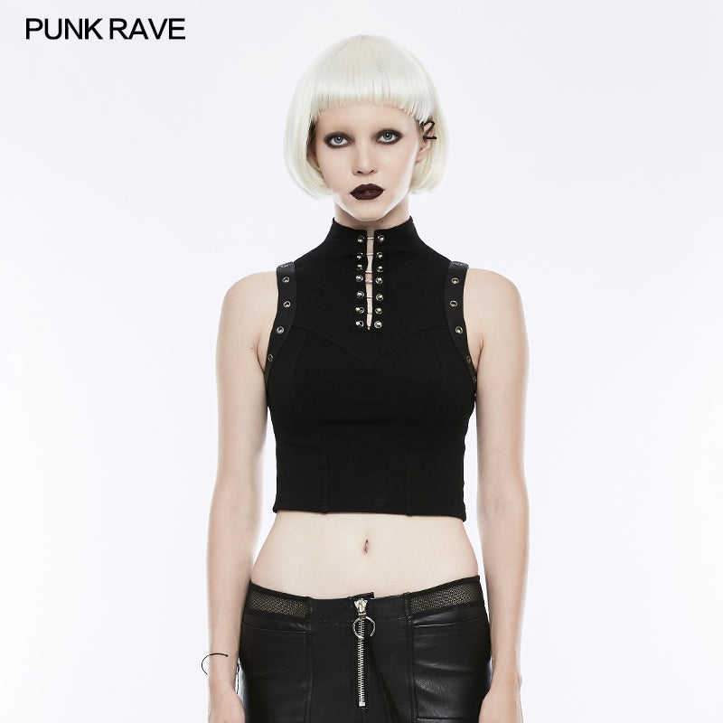 WT-507 Semi High Neck Tops Sleeveless Punk Vest Back With Zipper?-??Punk Rave Clothing