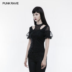 WT-490 Gorgeous Stretch Blouse Short Sleeve Gothic T-shirt With Lace?-??Punk Rave Clothing