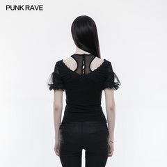 WT-490 Gorgeous Stretch Blouse Short Sleeve Gothic T-shirt With Lace?-??Punk Rave Clothing
