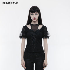 WT-490 Gorgeous Stretch Blouse Short Sleeve Gothic T-shirt With Lace?-??Punk Rave Clothing