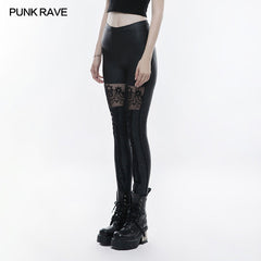 WK-293 Elastic Gothic Pants Skull Embroidered Leather Leggings?-??Punk Rave Clothing