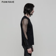 OT-516 Daily Elastic Knitted Punk T-shirt With Mesh Stitching?-??Punk Rave Clothing