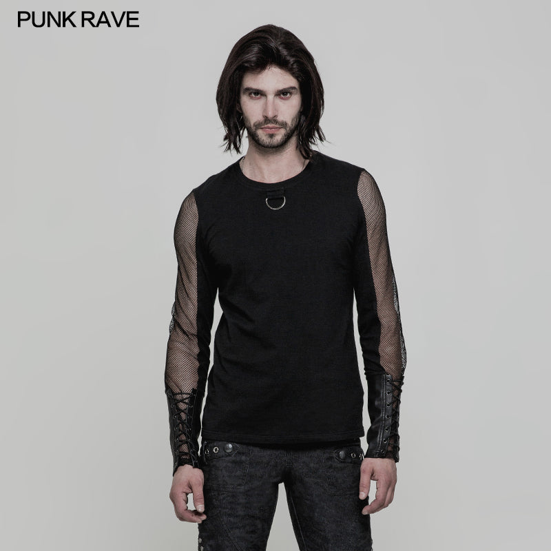 OT-516 Daily Elastic Knitted Punk T-shirt With Mesh Stitching?-??Punk Rave Clothing