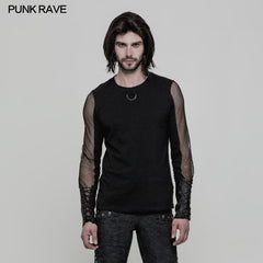 OT-516 Daily Elastic Knitted Punk T-shirt With Mesh Stitching?-??Punk Rave Clothing
