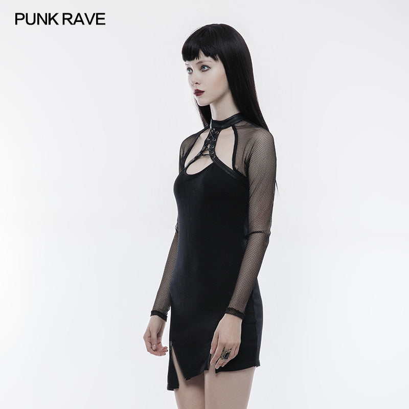 WQ-348 Super-elastic Sexy Inclined Pendulum Punk Dress With Mesh Sleeves?-??Punk Rave Clothing