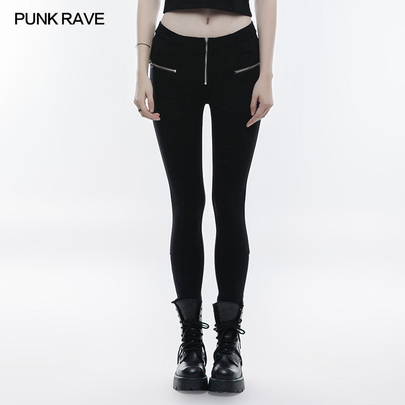 OPK-137 Metal Zipper Ankle-length Punk Pants Soft Stretch Leggings?-??Punk Rave Clothing