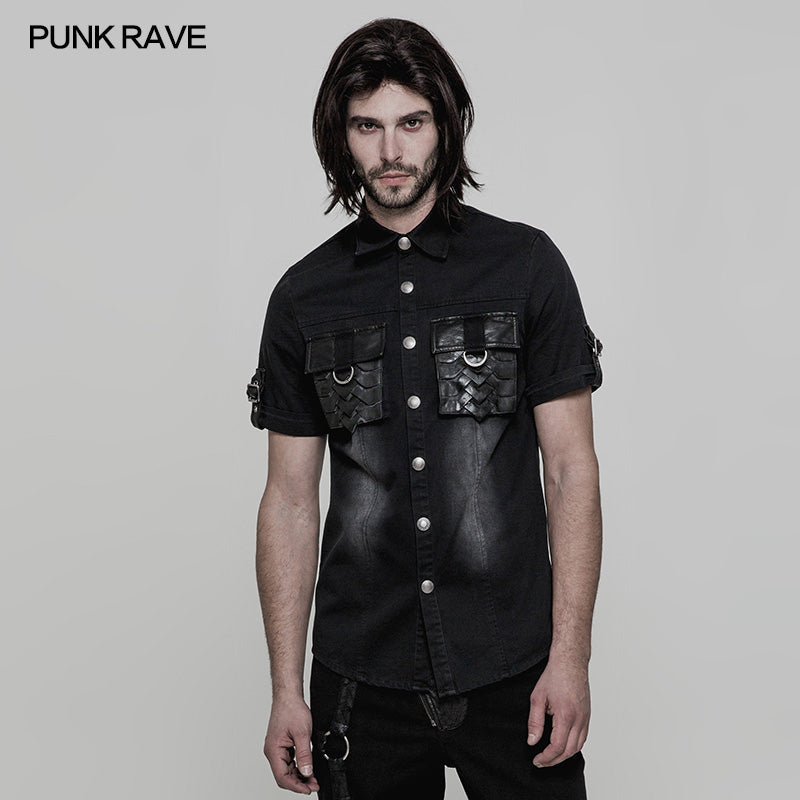 WY-861 Handsome Short Sleeve Punk Shirt With Pleated Pockets?-??Punk Rave Clothing