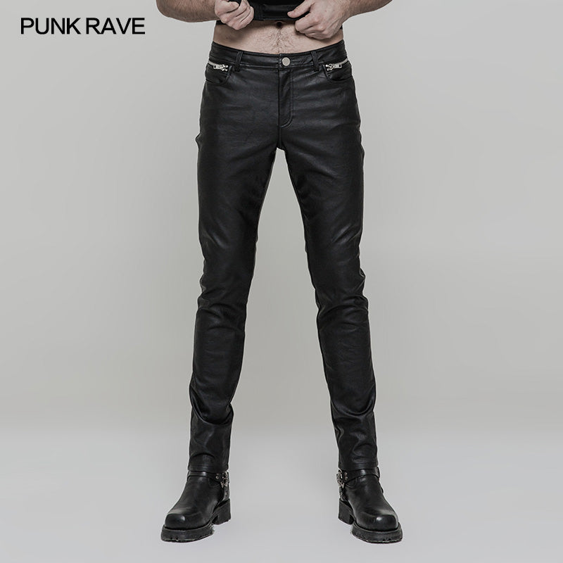 OK-321 Simple All-match Trousers Elastic Leather Punk Pants?-??Punk Rave Clothing