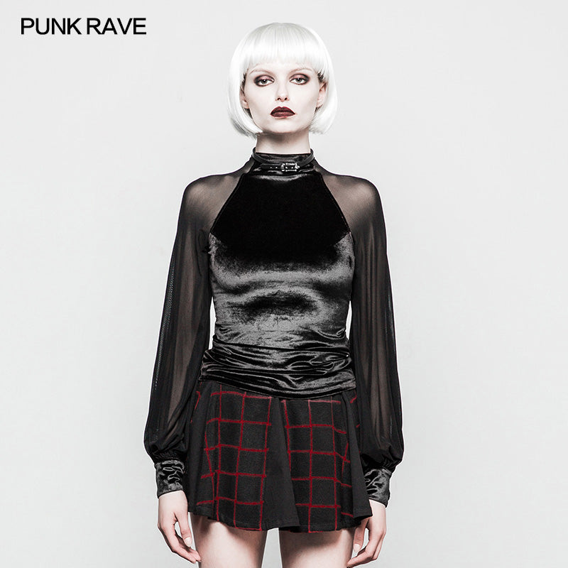 OPT-195 Women Velvet Mesh Gothic T-shirt Slim-fitting Blouse?-??Punk Rave Clothing