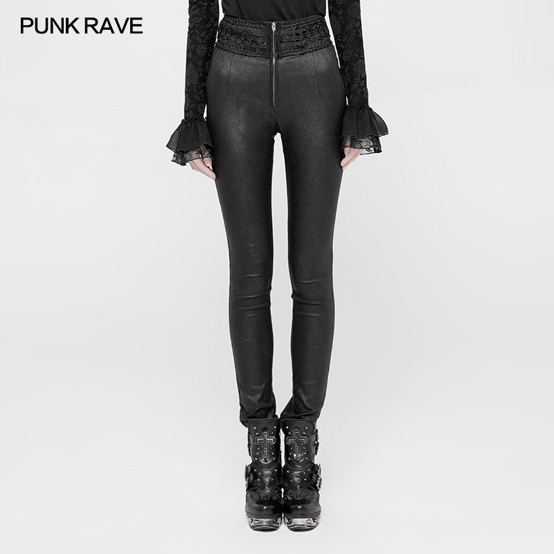 WK-330 Women High Waist Stretch Jacquard Tight Gothic Pants?-??Punk Rave Clothing