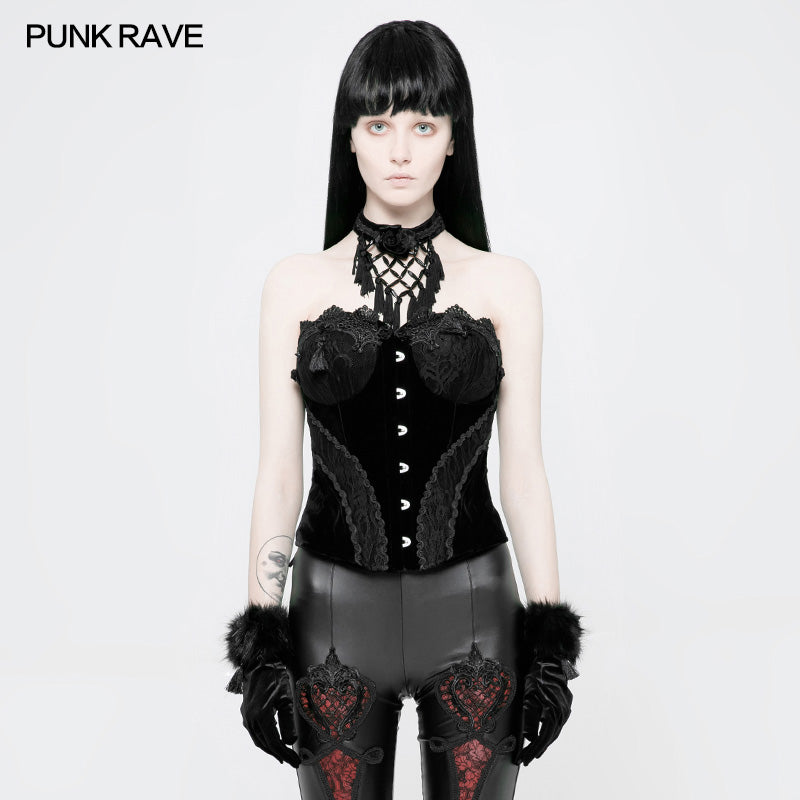 WY-888 Gothic Gorgeous Velvet & Lace Steel Boned Overbust Corset?-??Punk Rave Clothing