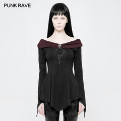 WT-520 Women Retro Boat Neck Gothic T-shirt With Detachable Brooch?-??Punk Rave Clothing