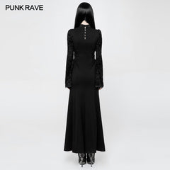 OQ-369 Exquisite Lace Knitted Gothic Dress With Front Semi-Transparent Stand Collar Design?-??Punk Rave Clothing