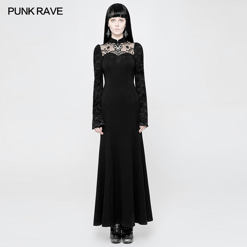 OQ-369 Exquisite Lace Knitted Gothic Dress With Front Semi-Transparent Stand Collar Design?-??Punk Rave Clothing
